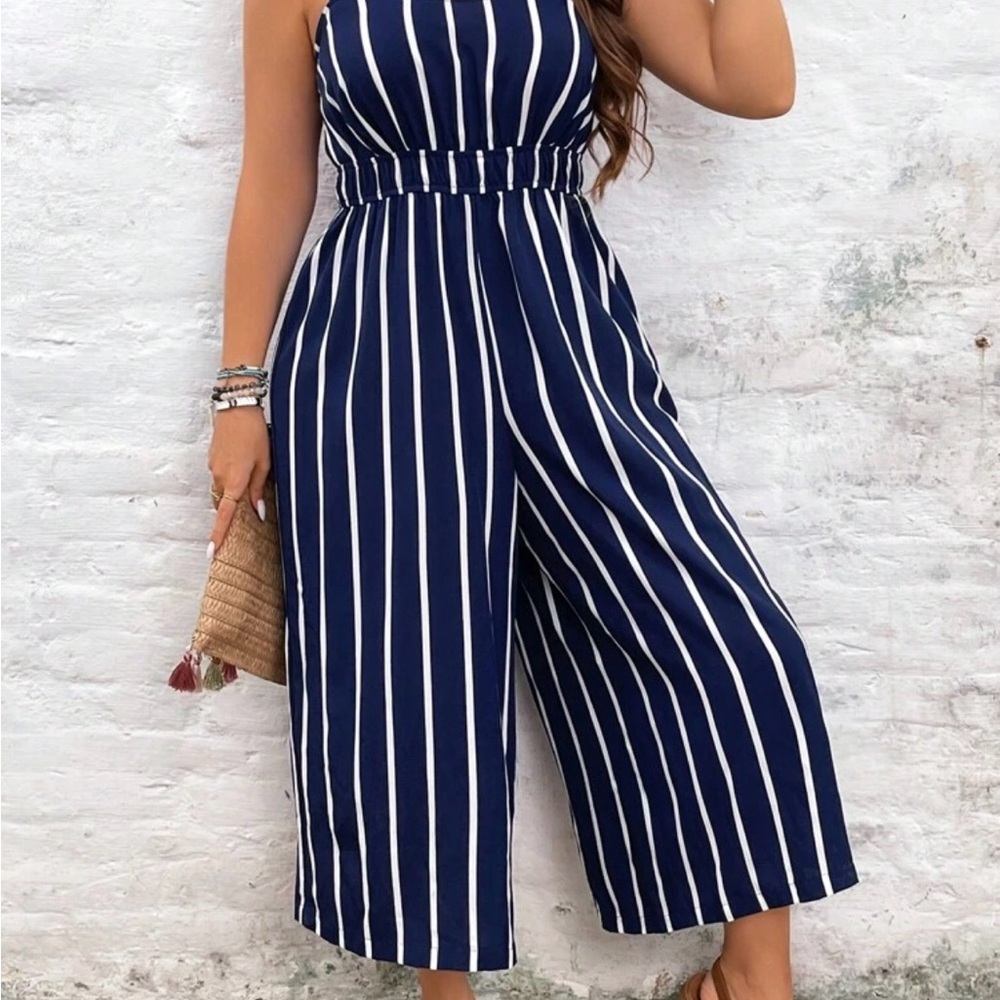 **NWOT** Navy and White Striped Cropped Jumpsuit